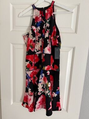 Guess Black Floral Halter Mini Dress with Red, Pink and Blue Flowers